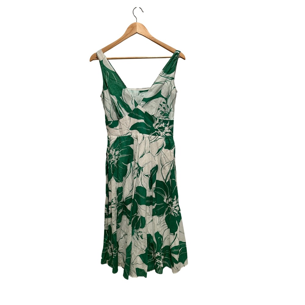 Coldwater Creek Green White Floral Cotton Midi Dress Surplice V-Neck Womens 6